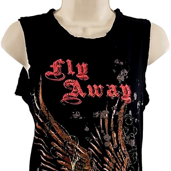 Excellent Twenty One Women’s Black Fly Away Graphic CutOff Sleeveless Tee Medium - Picture 4 of 5